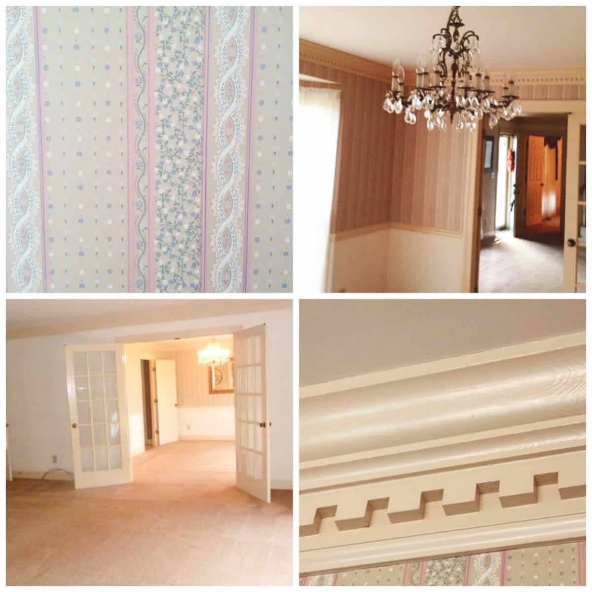 dated dining room with pink carpet old wallpaper and beige painted dentil moulding