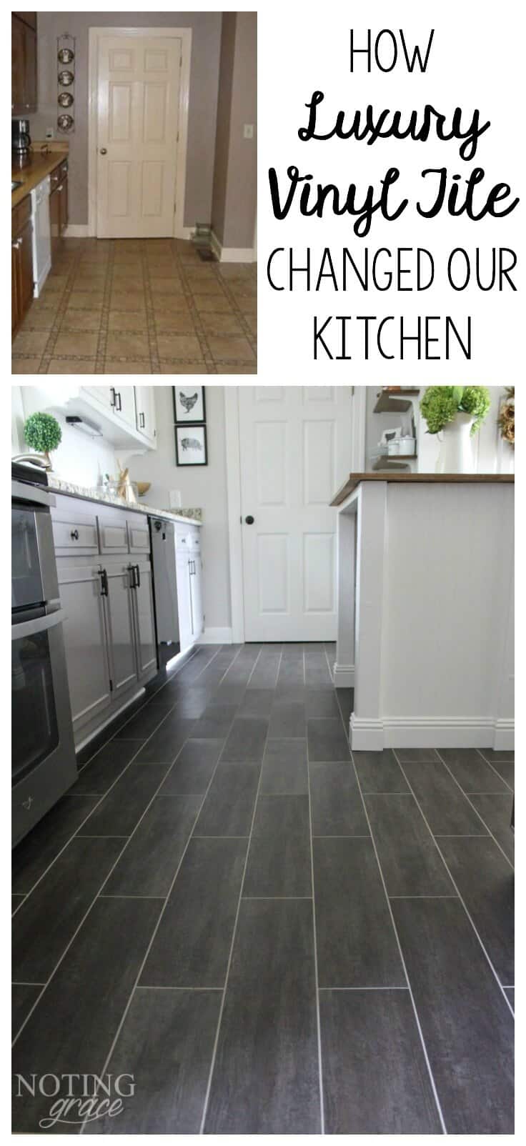 Our DIY Flooring only took 3 days and $400 to completely transform our kitchen with groutable Luxury Vinyl Tile.