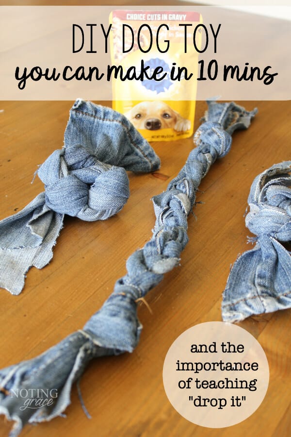 DIY Blue Jean Dog Toy that you can make in just 10 minutes! When this blogger came dangerously close to her new puppy ingesting stuffing from a ripped toy, she came up with this great solution! 