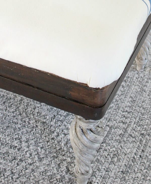 Grain Sack Stripe Painted Ottoman: I couldn't get rid of my favorite coffee table so this is how I flipped it into a farmhouse beauty.
