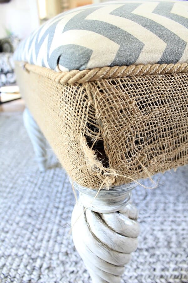 Grain Sack Stripe Painted Ottoman: I couldn't get rid of my favorite coffee table so this is how I flipped it into a farmhouse beauty.