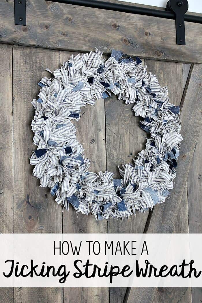 Ticking Stripe Fabric Wreath - how to make this easy rag wreath using ticking stripe fabric and old denim
