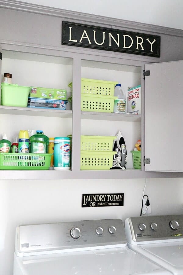 Organizing laundry and cleaning items into zones helps in controlling mudroom clutter.