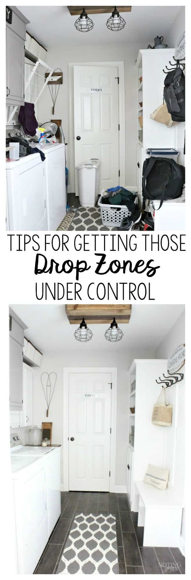 Controlling Mudroom Clutter - We all have those spots in our home - the DROP ZONES. Here's how I'm conquering the clutter that piles up in my Mudroom.
