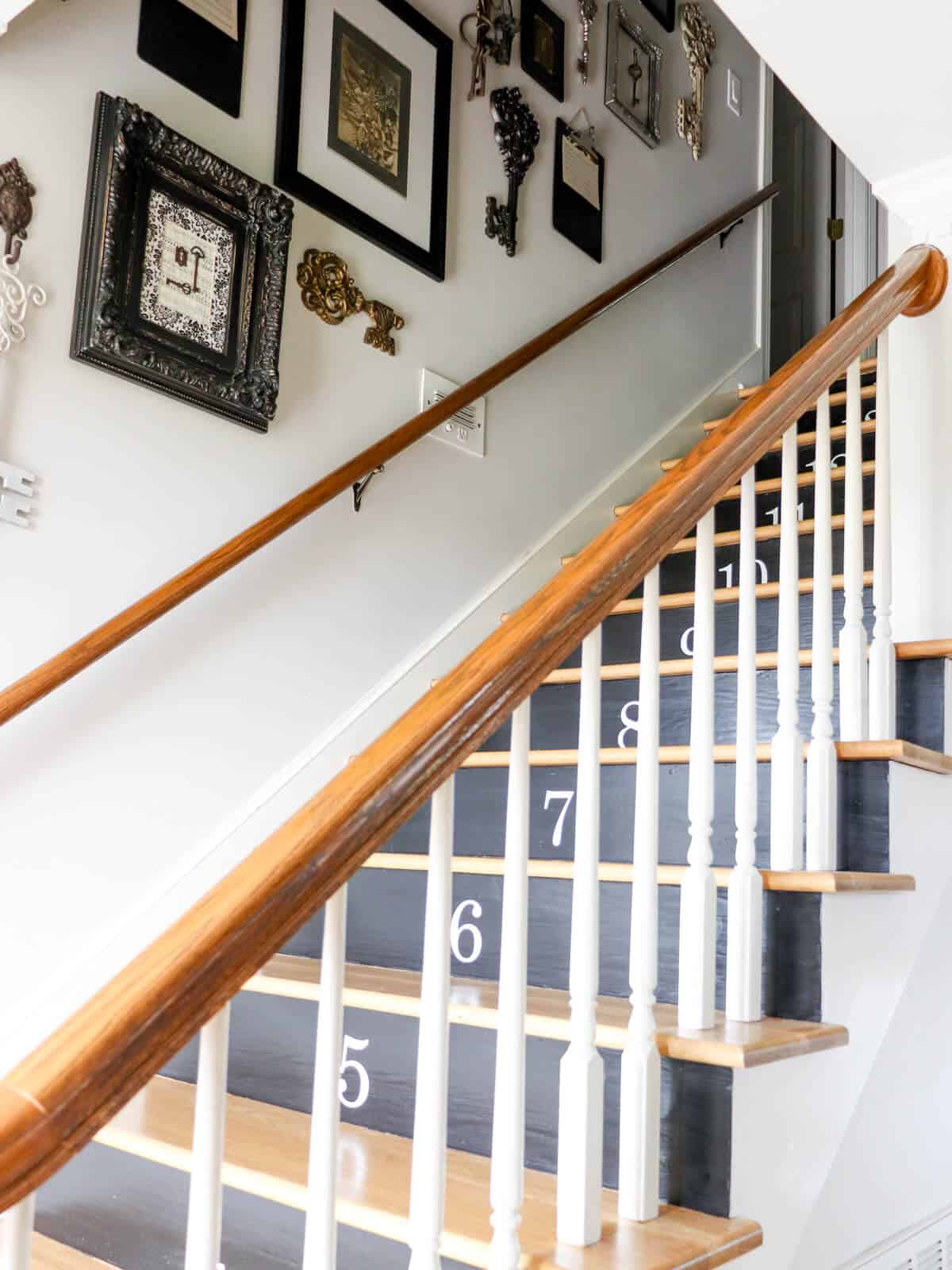 stairway with black painted risers and white decal numbers applied