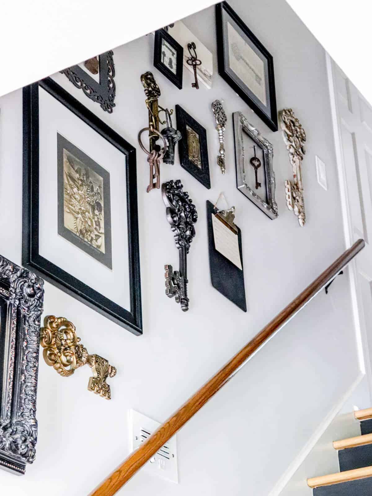 Gallery wall made up of black and white key decor