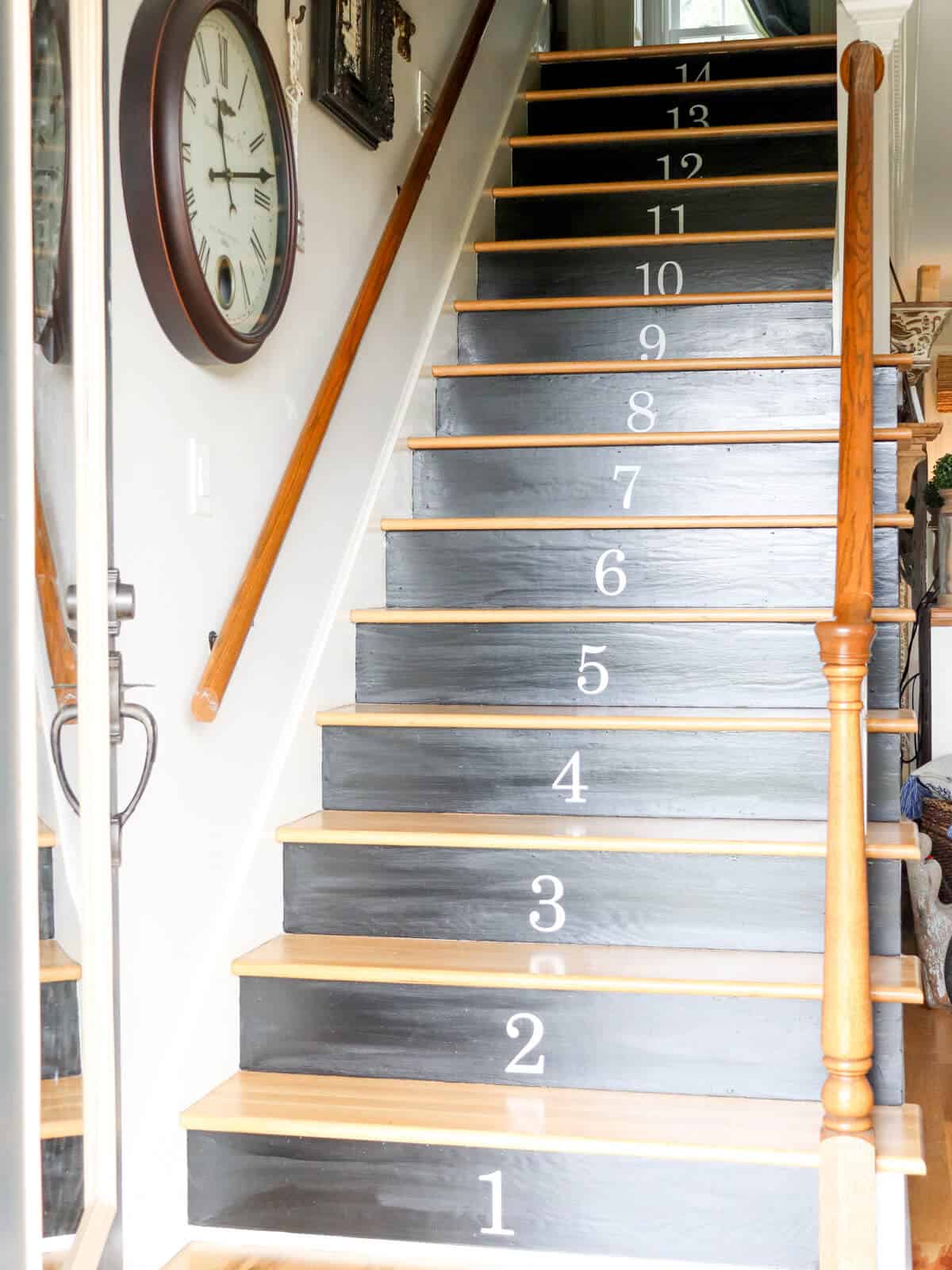 stairway with black painted risers and white decal numbers applied