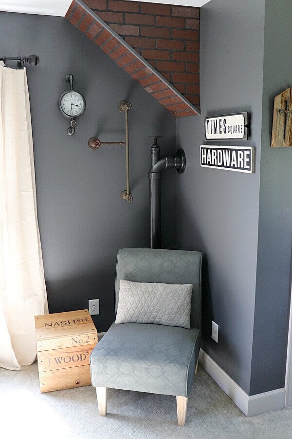 Adding faux industrial pipe for your teen room is a great way to add that masculine element. This would also work great for any diy industrial decor with this simple tutorial!