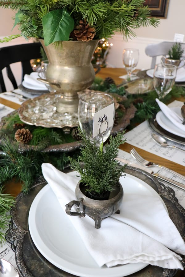 tarnished silver Christmas table setting