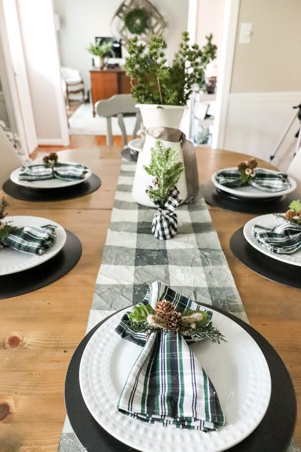 Casual Black White and Green Christmas Tablescape runner