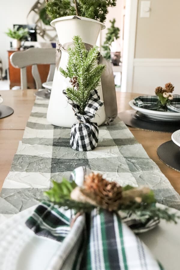 Casual Black White and Green Christmas Tablescape runner view