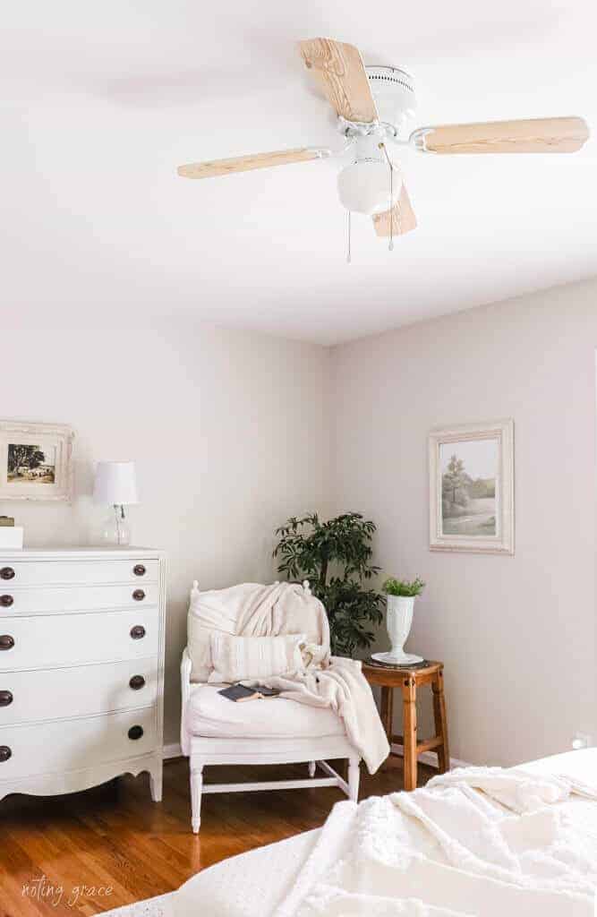 soft French country bedroom with diy ceiling fan
