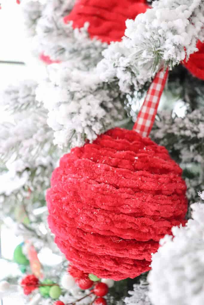chunky knit yarn covered ornament with ribbon hanger