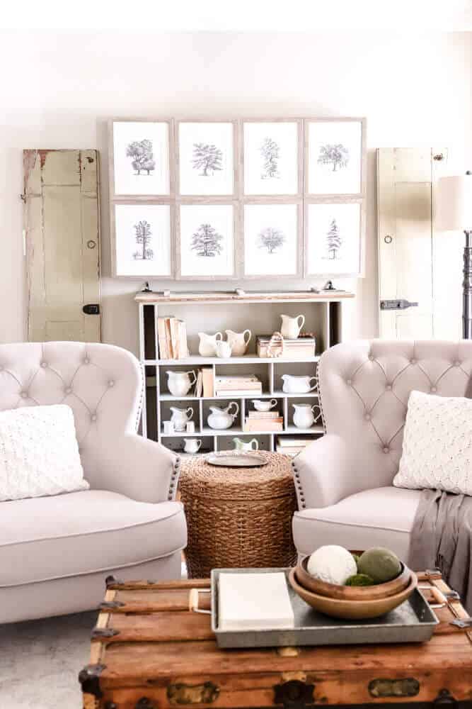 tufted armchairs in casual living room