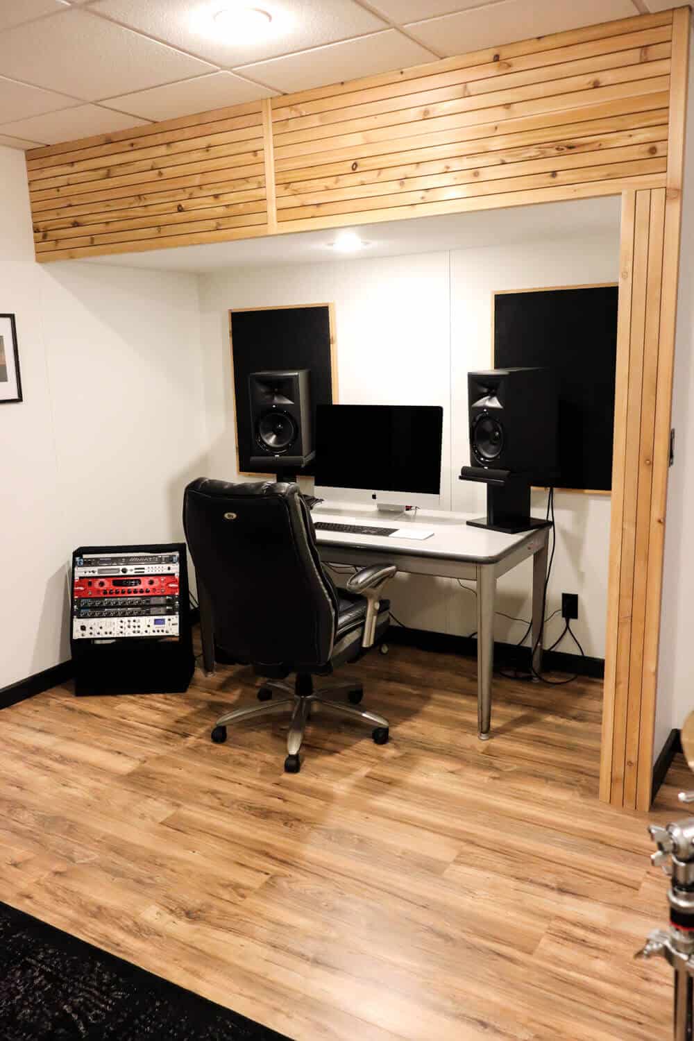 cedar accent wall over music desk area