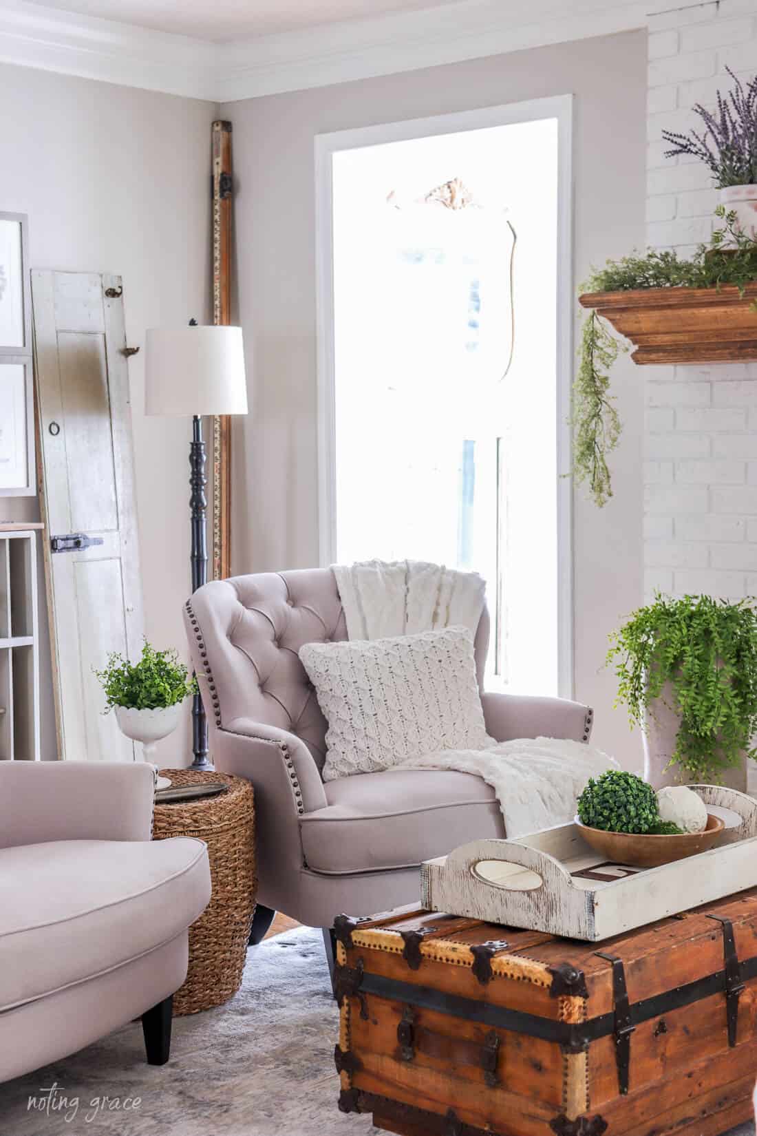 spring living room with lots of greenery