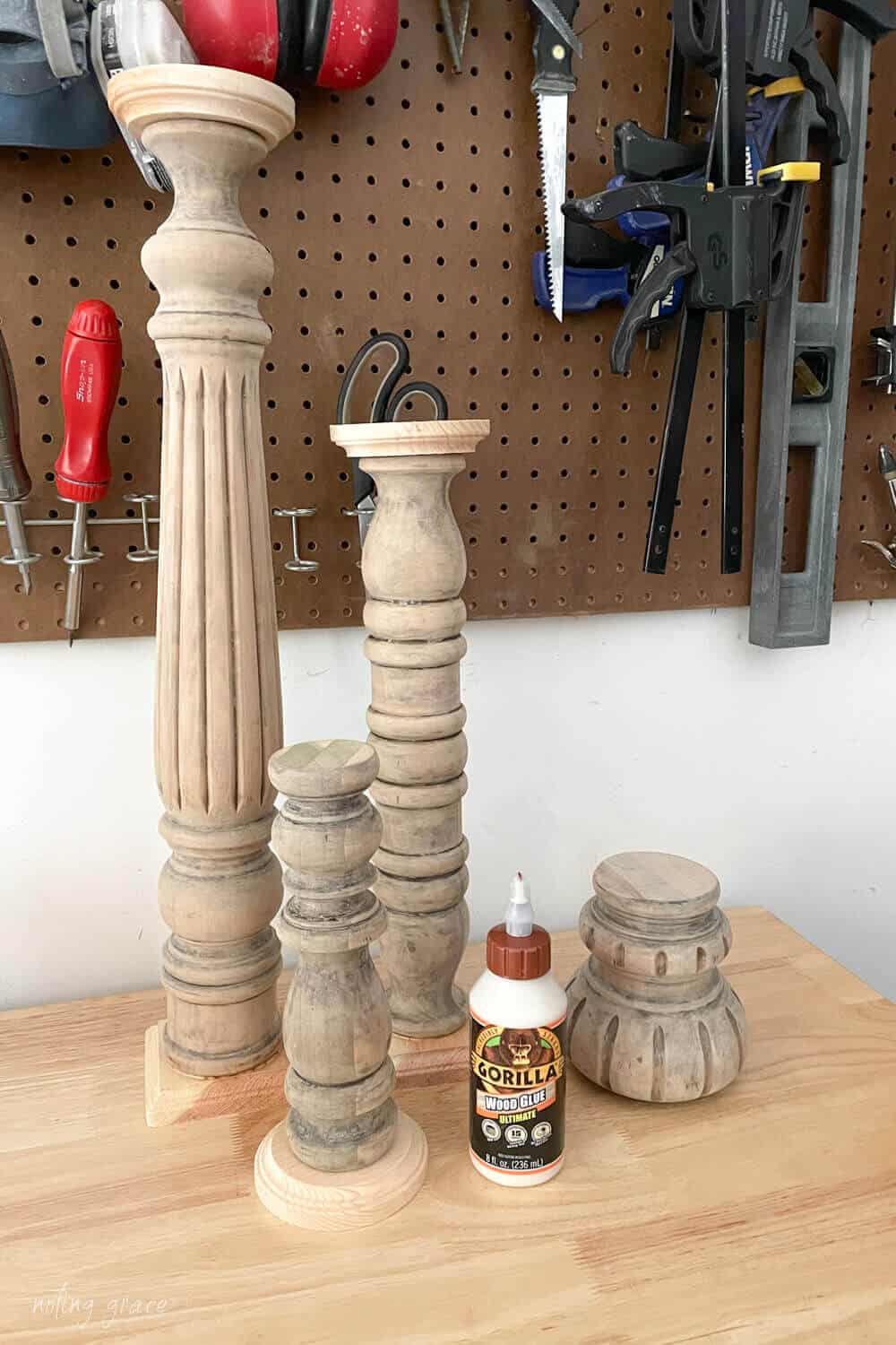 sanded bed posts ready with bases added to make candlesticks