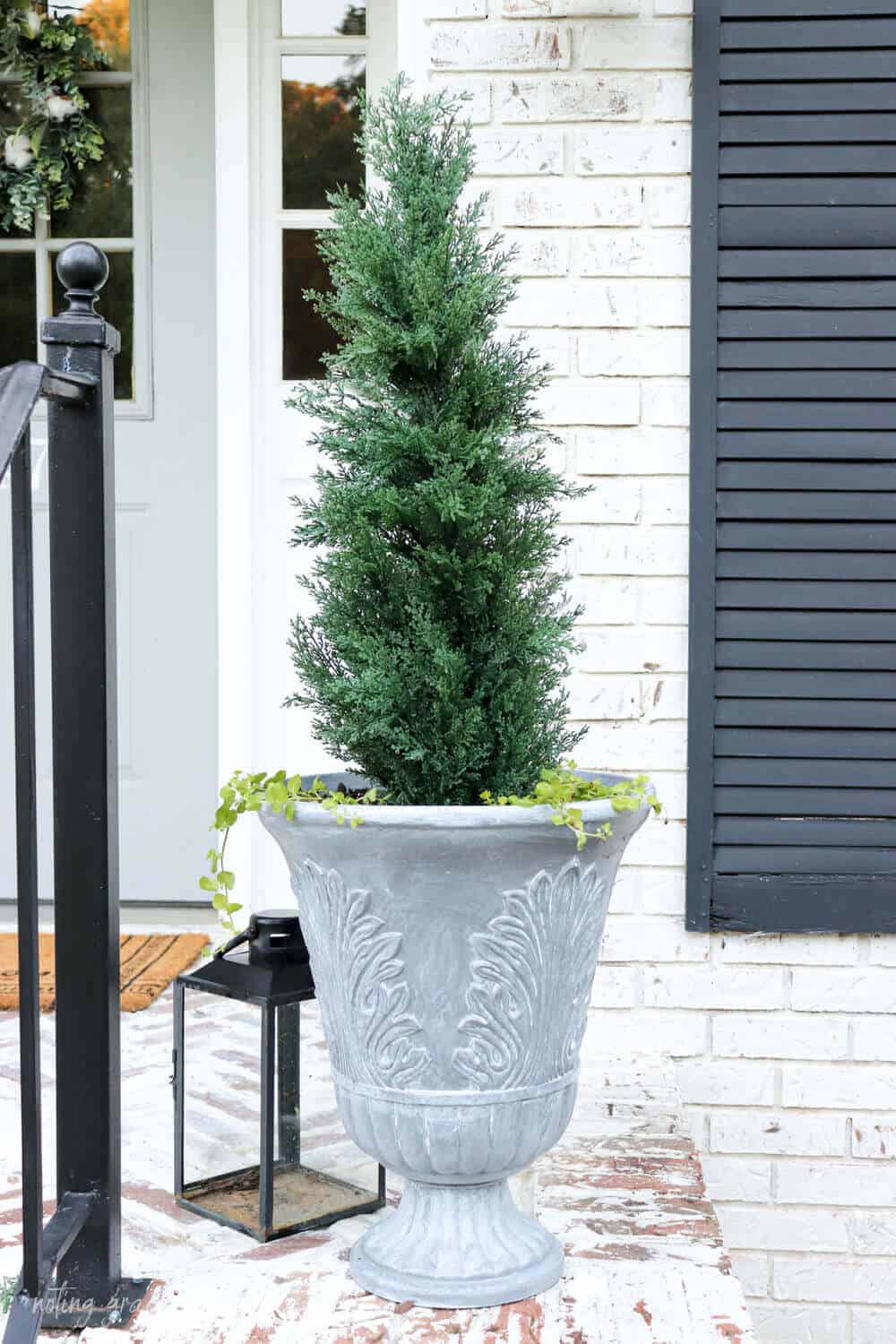 concrete looking planter filled with creeping Jenny and a faux cedar tree on a brick porch