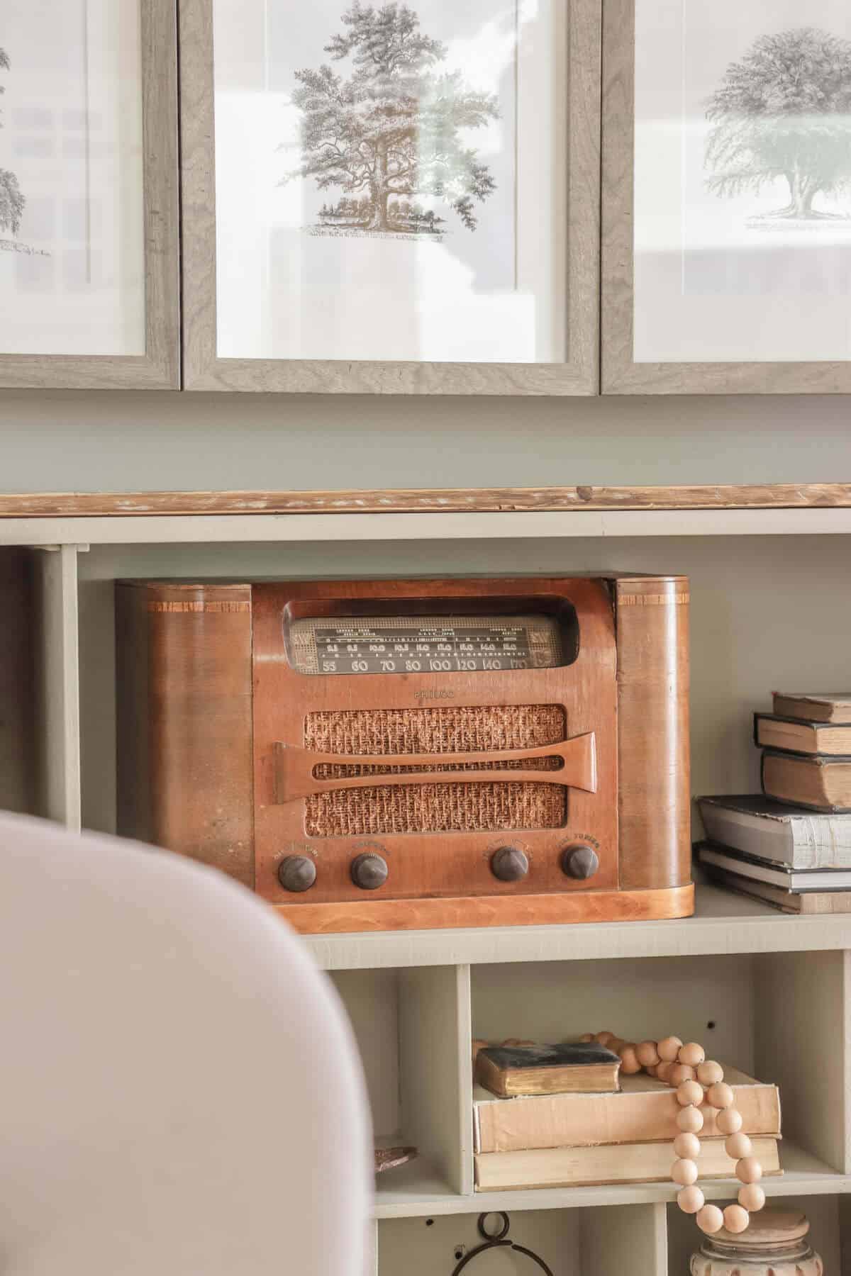 Vintage radio on a shelf with old books