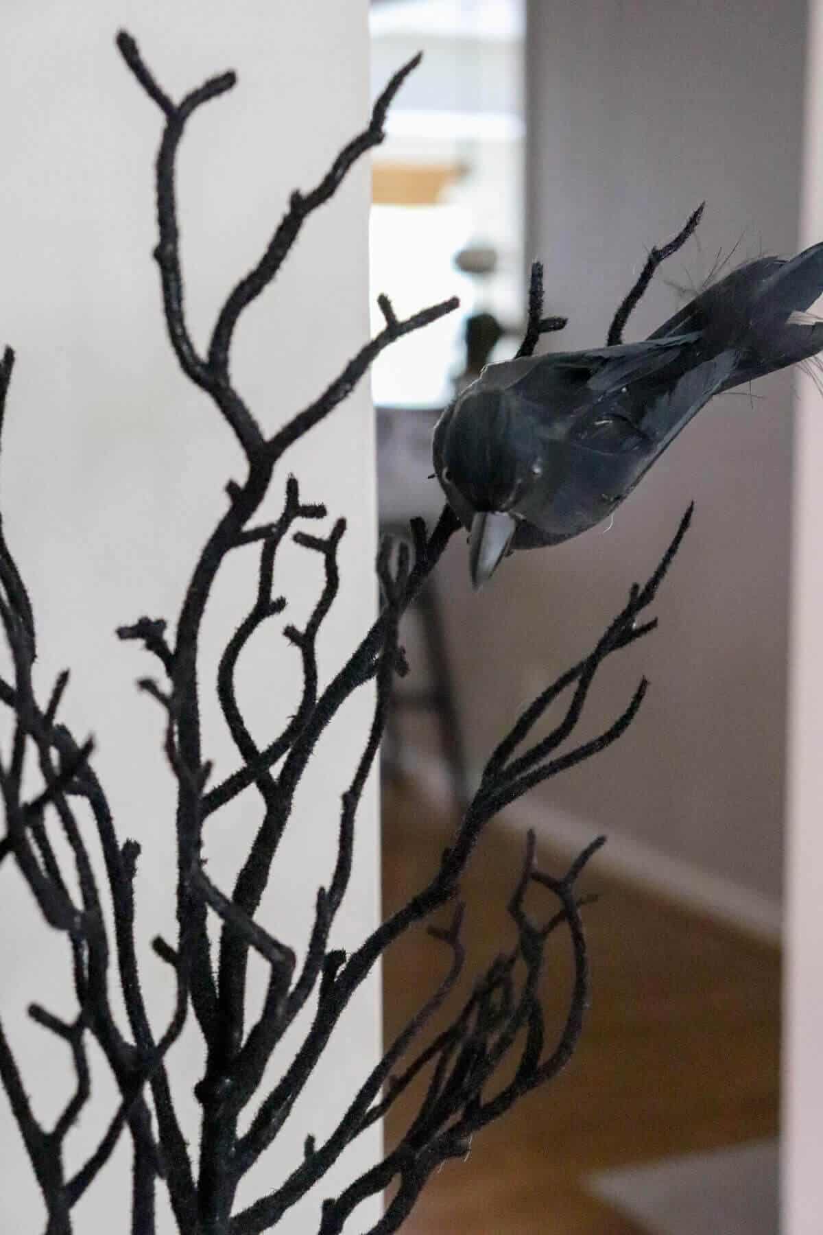 Black fuzzy halloween tree with crow
