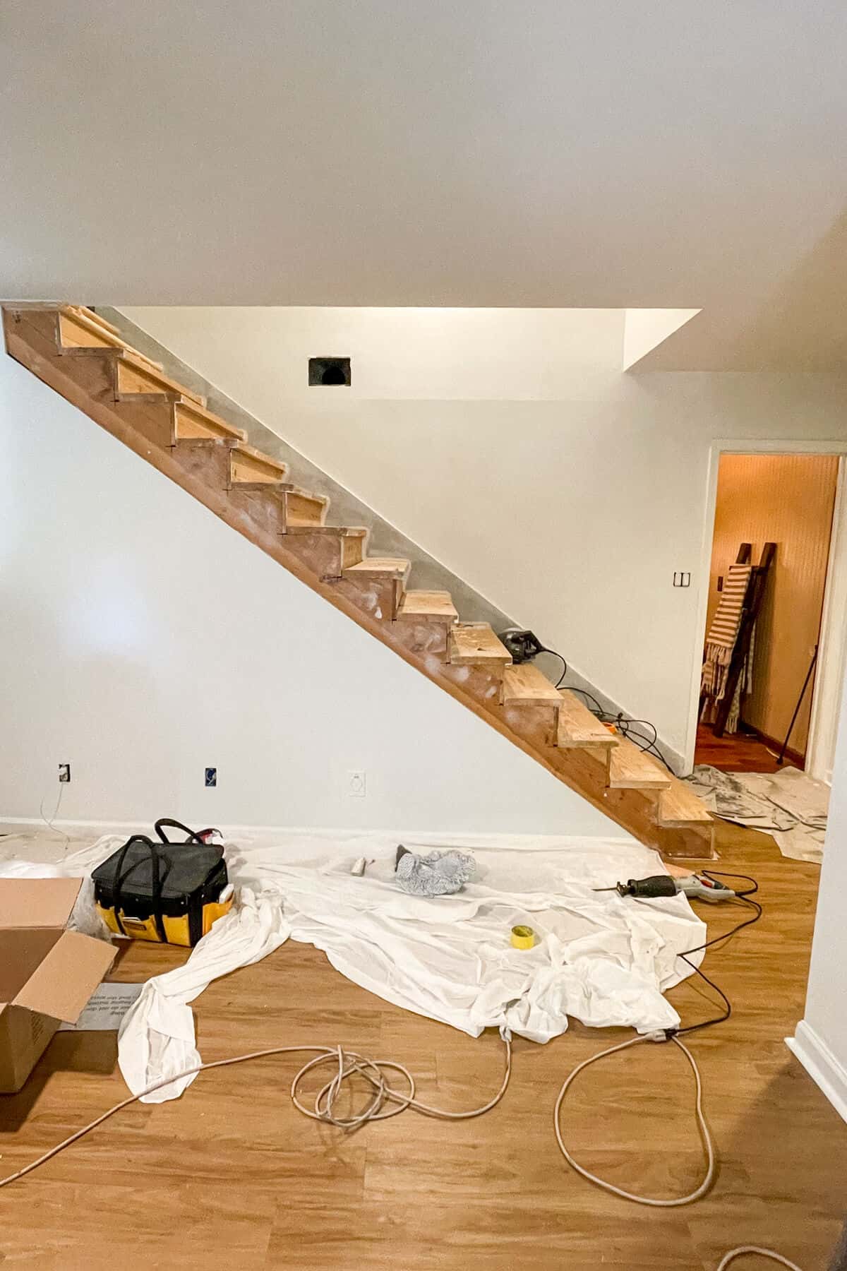 basement stair case remodel with banister removed