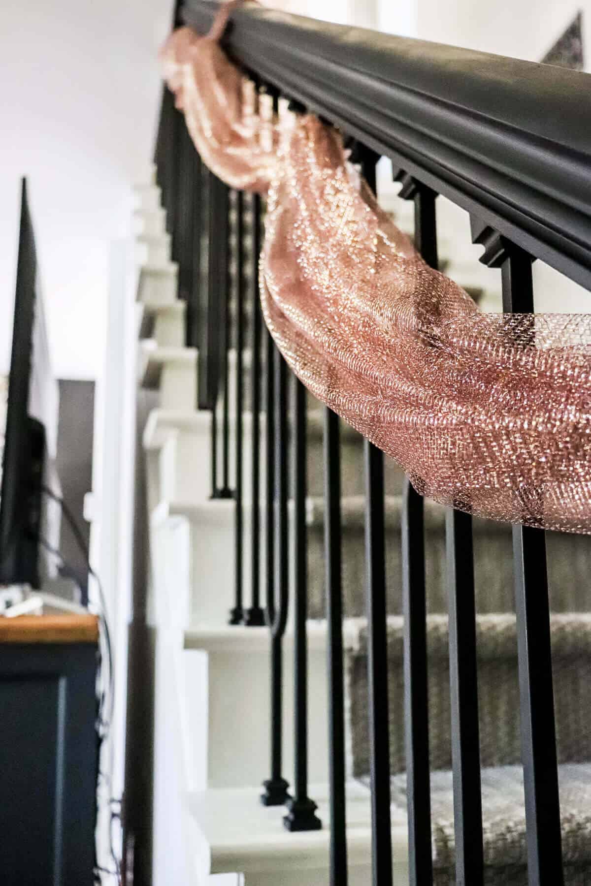 simple stairway Christmas garland with copper mesh