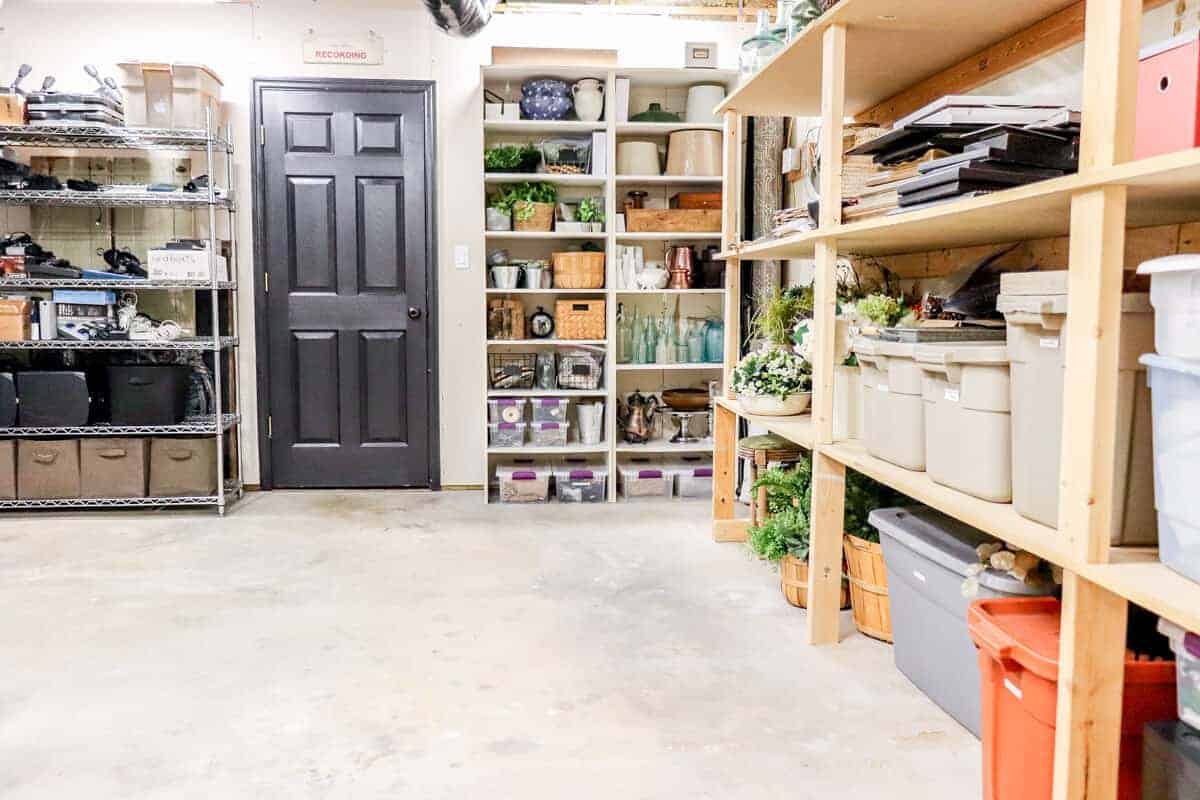 basement furnace and storage room with built in shelving