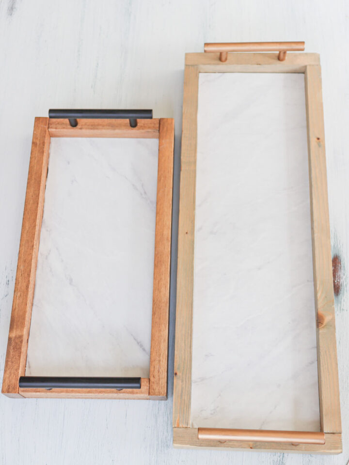 diy wood and marble tray with black handles