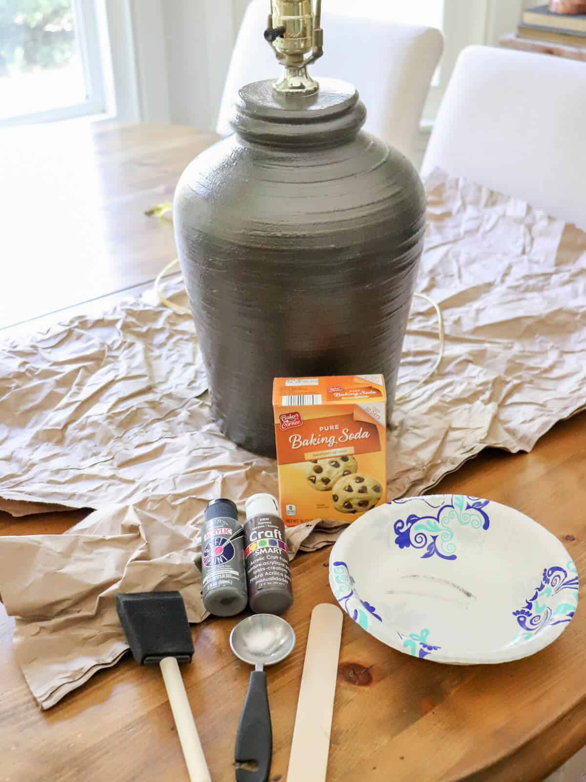 supplies for a gray baking soda ceramic painted lamp