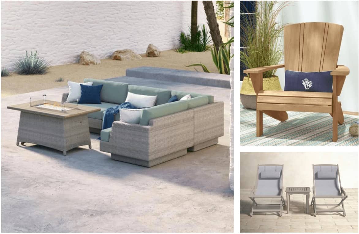 collage of outdoor coastal furniture ideas from Wayfair