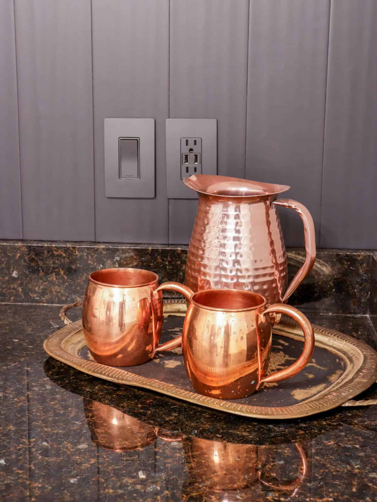 copper pitcher and Moscow mule glasses