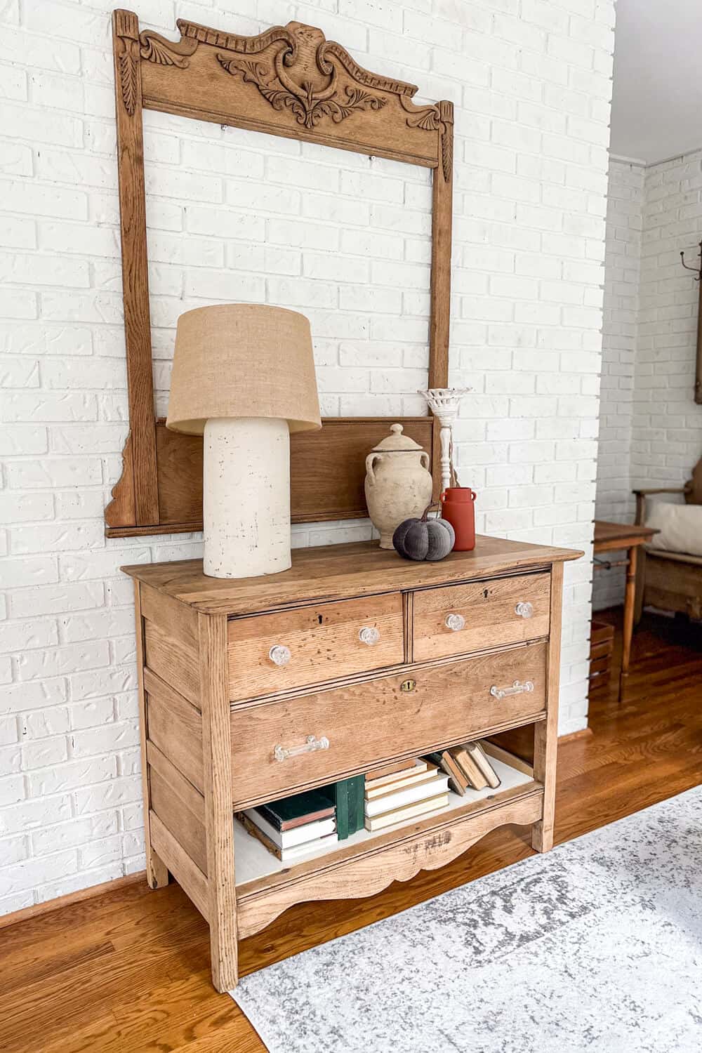 unfinished vintage dresser with minimalist fall decor