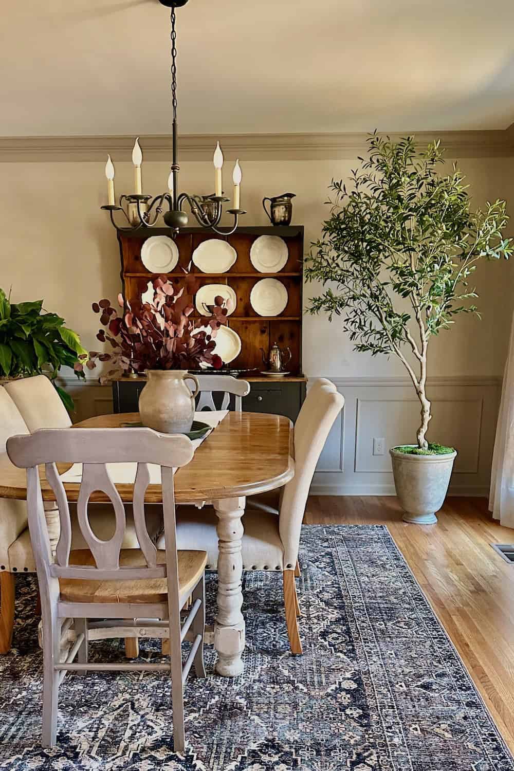 dining room with blue and rust colored rug with a faux olive tree in the corner